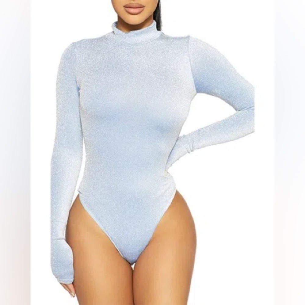 Naked Wardrobe Silver Shimmer Mock Neck Bodysuit Large